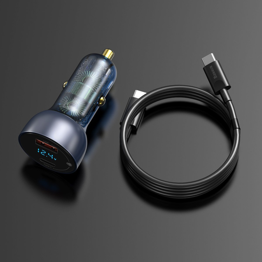 Φορτιστής Αυτοκινήτου Baseus Particular Digital Display, USB + USB-C, QC3.0+PD, 5A, 65W + καλώδιο Type C 1m 100W Μαύρο