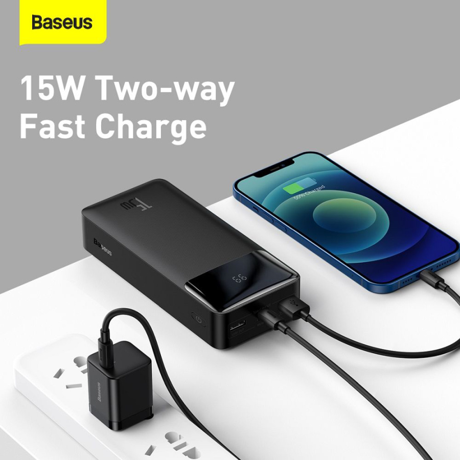 Powerbank Baseus Bipow 30000mAh, με 2 Θύρες USB-A και Θύρα USB-C, 15W PD Μαύρο