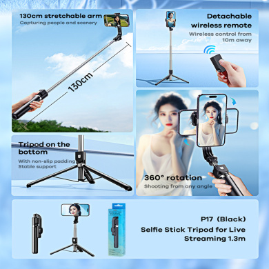 REMAX P17 Selfie Stick & Tripod Combo με Bluetooth Remote Controller Μαύρο