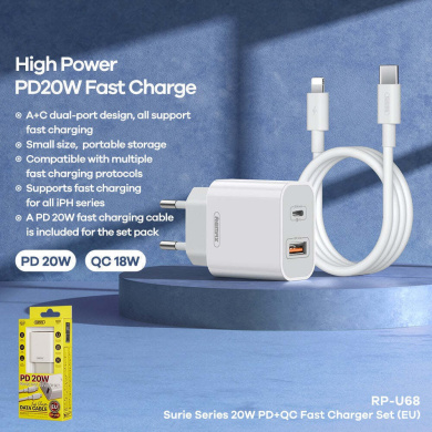 Φορτιστής REMAX Surie Series Fast Charge RP-U68 20W A+C με Καλώδιο USB-C σε Lightning Λευκό
