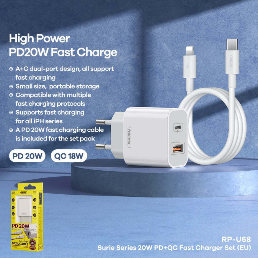 Φορτιστής REMAX Surie Series Fast Charge RP-U68 20W A+C με Καλώδιο USB-C σε Lightning Λευκό